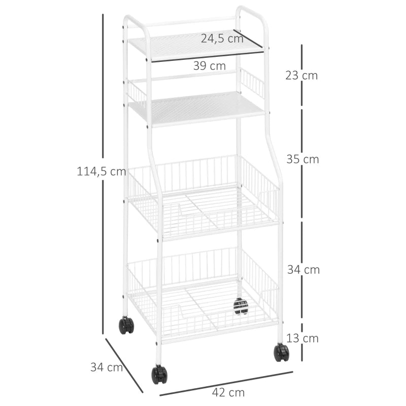 HOMCOM Carrinho de Cozinha com Rodas de Aço Carrinho Auxiliar com 4 Níveis Carrinho de Armazenamento 42x34x114,5cm Branco