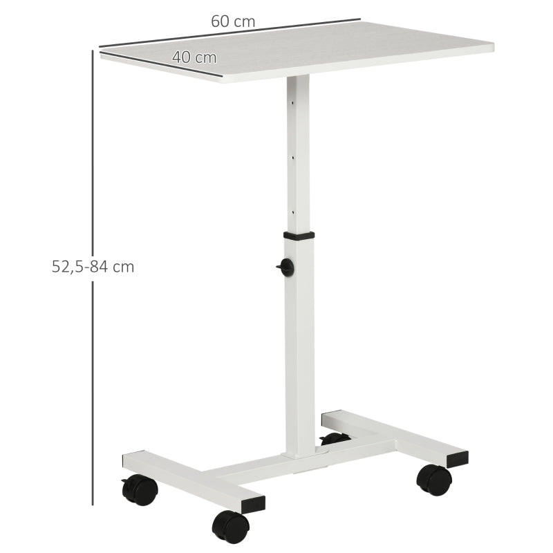 HOMCOM Mesa Auxiliar com Rodas Mesa Lateral para Sofá ou Cama com Altura Ajustável Estrutura de Metal e Freios para Dormitório Sala de Estar 60x40x52,5-84cm Branco