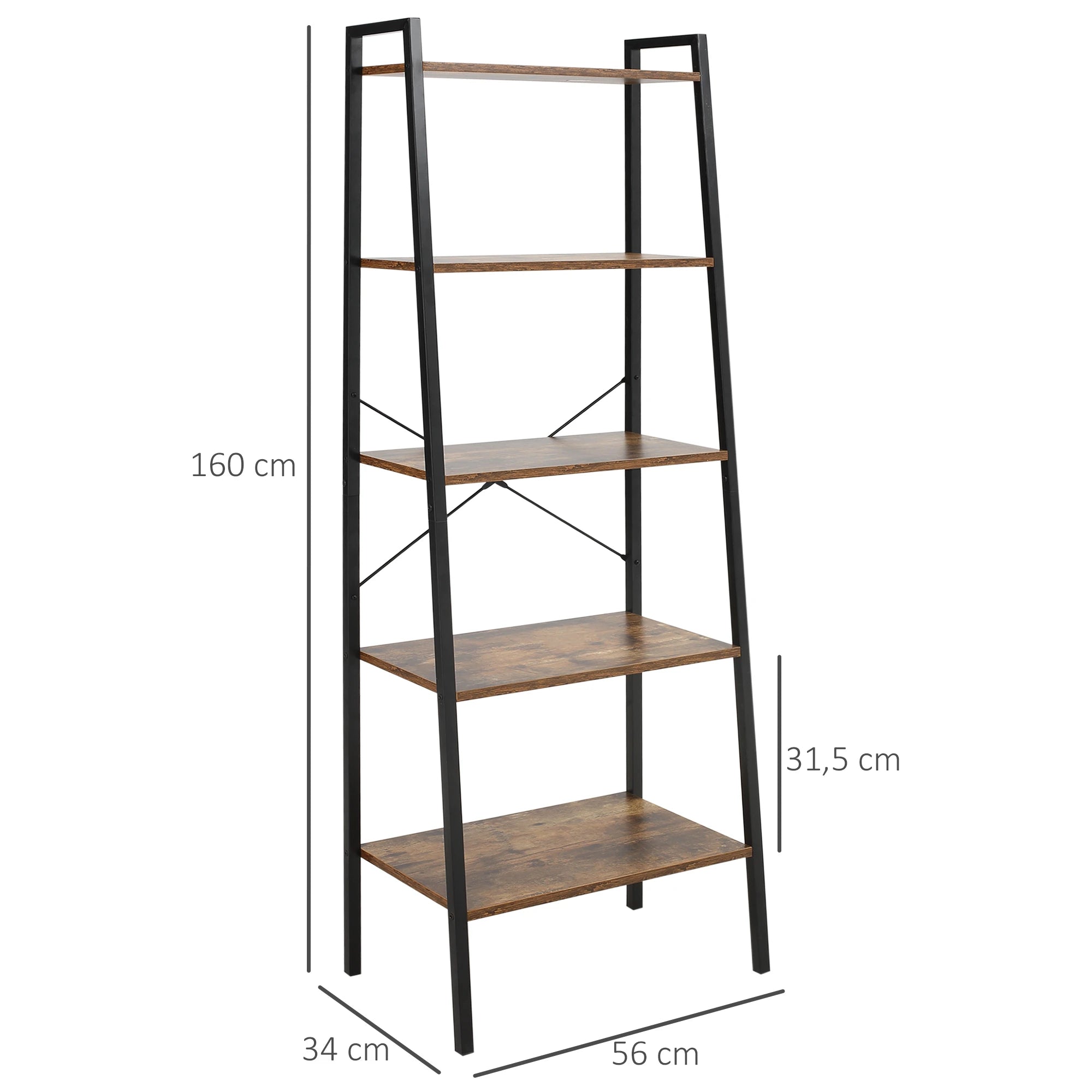 HOMCOM Estante de Estilo Industrial em Forma de Escada com 5 Prateleiras com Estrutura de Metal para Sala de Estar Dormitório Cozinha Escritório 56x34x160cm Marrom Rústico