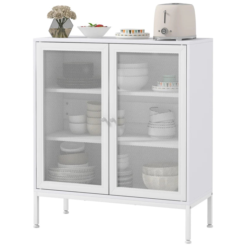 HOMCOM Aparador de 3 Níveis com Portas de Malha e Prateleira Ajustável Aparador de Cozinha Moderno para Sala 80x37x92 cm Branco