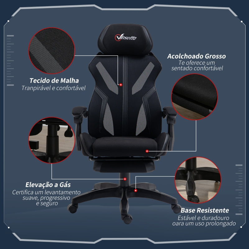 Vinsetto Cadeira de Gaming com Apoio para os Pés Retrátil Cadeira de Escritório Reclinável com Apoio para a Cabeça e Altura Ajustável 65x65x119-129cm Preto