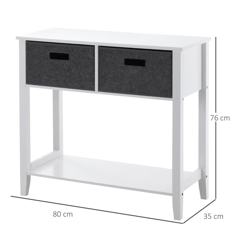 HOMCOM Mesa Consola com 2 Gavetas de Tecido 1 Prateleira de Armazenamento Móvel de Entrada para Corredor Sala de Estar 80x35x76cm Branco e Cinza