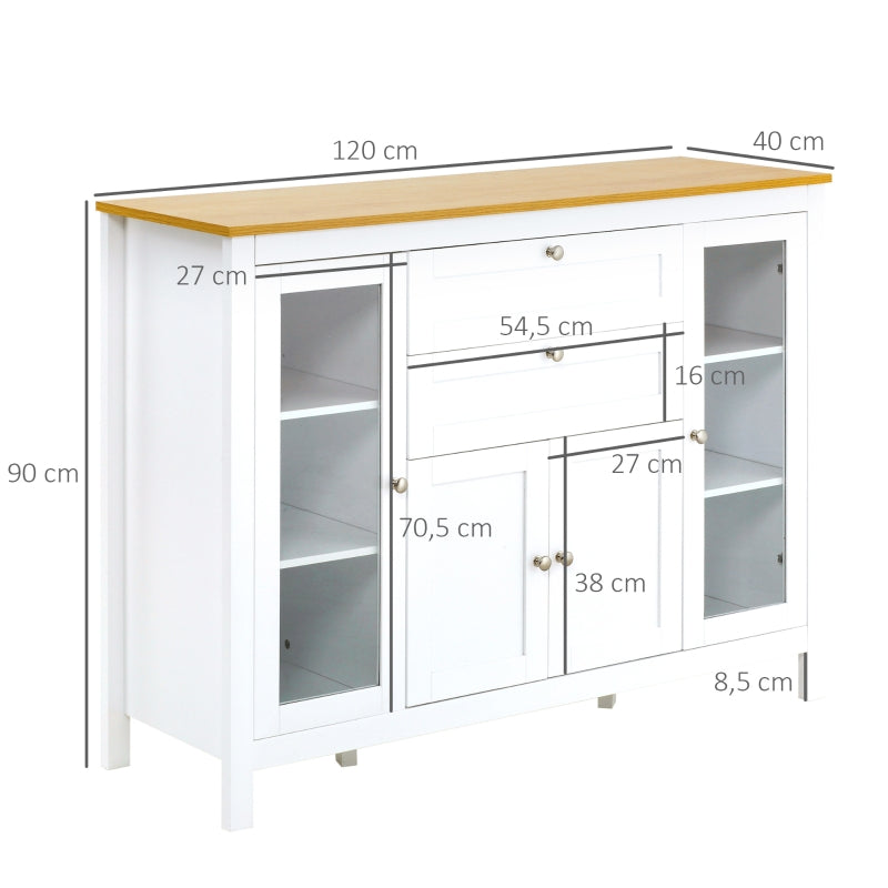 HOMCOM Aparador de Cozinha com Armário 2 Gavetas 2 Portas de Vidro e Prateleiras Ajustáveis Móvel Auxiliar de Armazenamento para Sala de Jantar Sala de Estar 120x40x90cm Branco