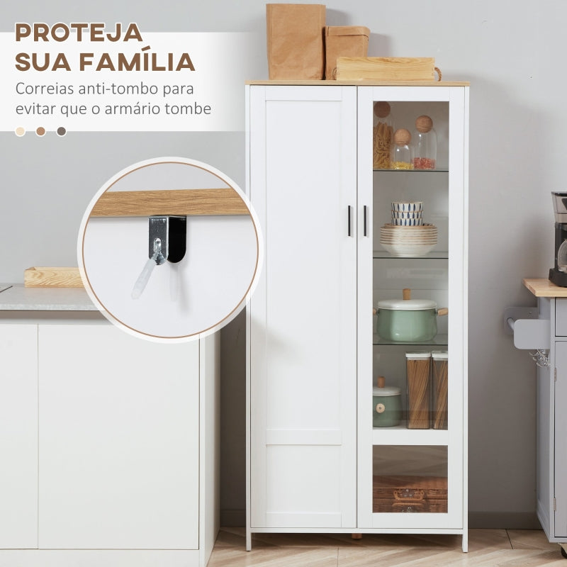 HOMCOM Armário de Cozinha com Porta de Vidro Prateleiras Ajustáveis e Pés Elevados 76x36x160 cm Branco