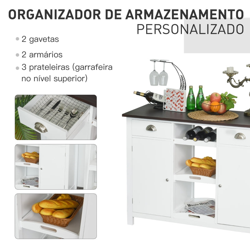 HOMCOM Aparador de madeira, mesa de console multifuncional com prateleiras gavetas bandeja removivel 115x48x87cm branco e marrom