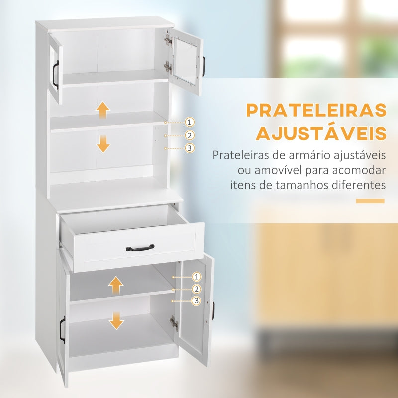 HOMCOM Armário de Cozinha com 4 Portas Gaveta e Prateleiras Ajustáveis para Sala de Jantar Estilo Moderno 60x38x161 cm Branco