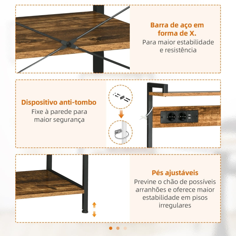 HOMCOM Estante de Cozinha com Ficha 2 Carregadores Prateleira Ajustável USB 5 Gancho em S e Cesta Amovível 90x42x130 cm Marrom Rústico