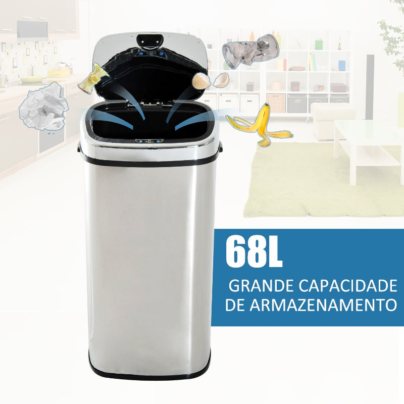 HOMCOM Balde de Lixo Inteligente de Aço Inoxidável 68L com Sensor Infravermelho de Abertura Automática e Contato Manual para Cozinha Dormitório Casa de banho 40,5x29,5x78cm Prata