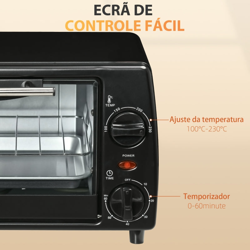 HOMCOM Mini Forno Elétrico 10 Litros 750W com Temperatura até 230°C Temporizador 60 Minutos 36,5x26x22cm Preto