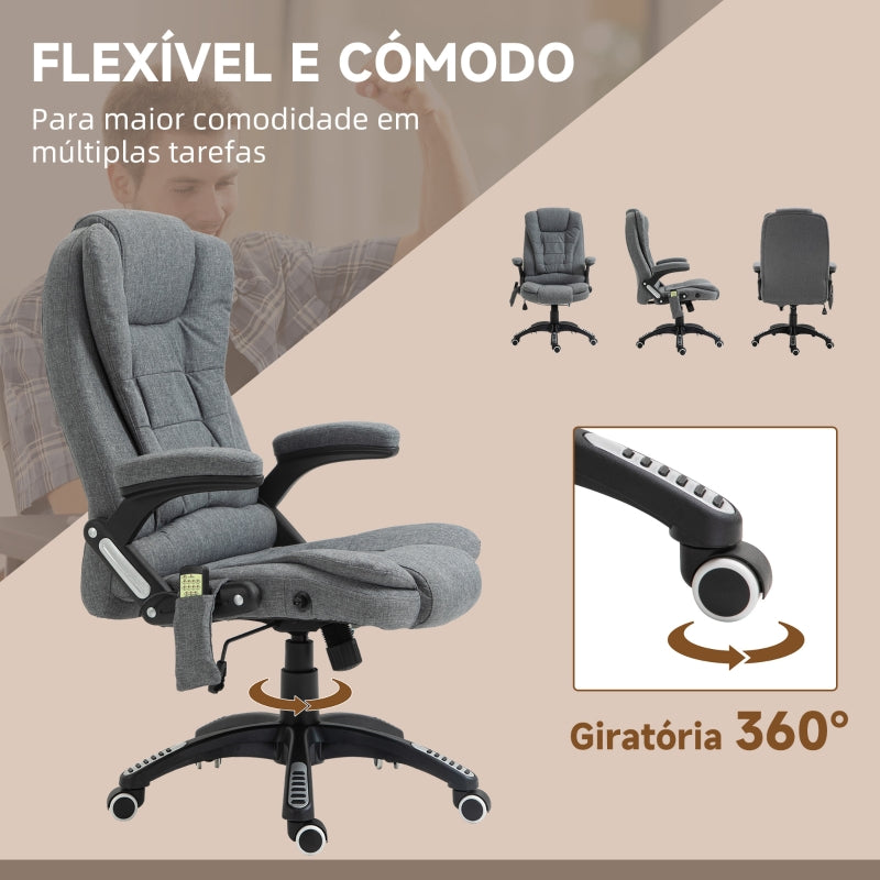 Vinsetto Cadeira de Escritório com 6 Pontos de Massagem Reclinável até 130° com Função de Aquecimento 68x72x110-120 cm Cinza