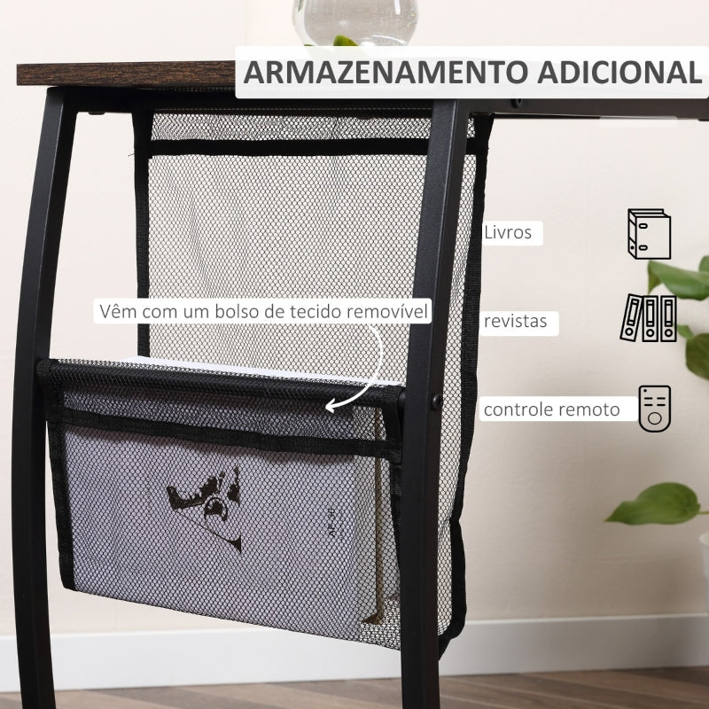 HOMCOM Mesa Auxiliar para Sofá e Cama em Forma de C com Bolso de Armazenamento Mesa Lateral de Estilo Industrial 52x35x64,5cm Marrom Rústico