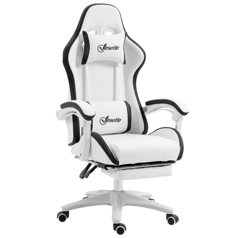 Vinsetto Cadeira Gaming de Couro PU com Altura Ajustável Reclinável 135° e Apoio para os Pés Retrátil 65x65x121-129 cm Branco e Preto