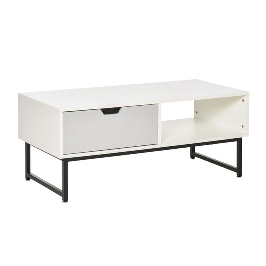 HOMCOM Mesa de Centro para Sala de Estar Mesa de Centro Moderna com Prateleira Aberta Gaveta e Pés Elevados Mesa Auxiliar para Sala de Estar Escritório 106x48x43cm Branco