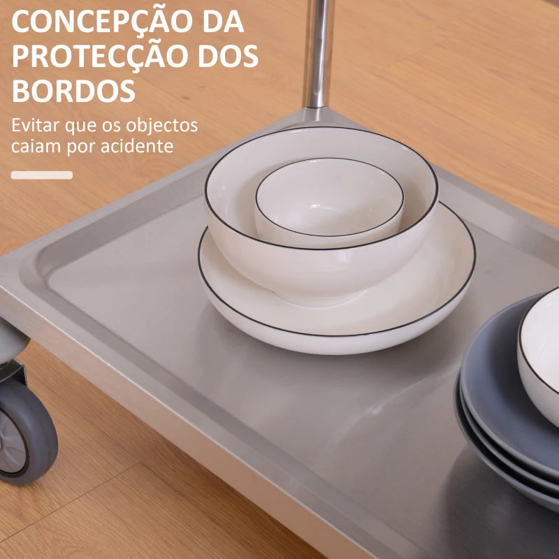 HOMCOM Carrinho Auxiliar com Rodas de Aço Inoxidável Carrinho de Cozinha com 2 Prateleiras e 2 Pegas 70,5x40,5x81 cm Prata