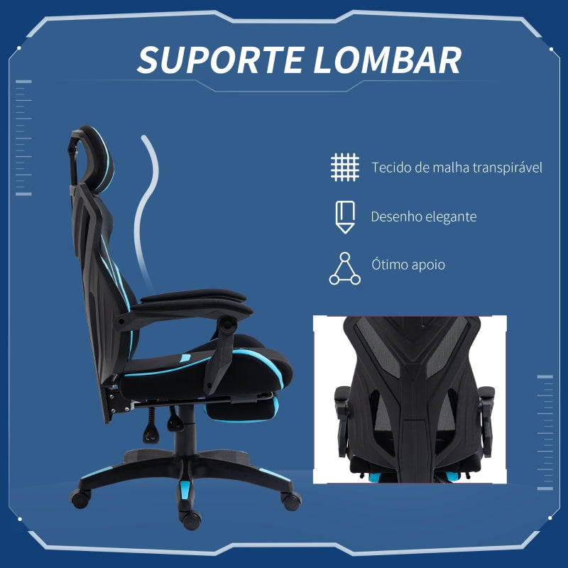 Vinsetto Cadeira de Gaming com Apoio para os Pés Retrátil Cadeira de Escritório Reclinável com Apoio para a Cabeça e Altura Ajustável 65x65x119-129cm Preto e Azul