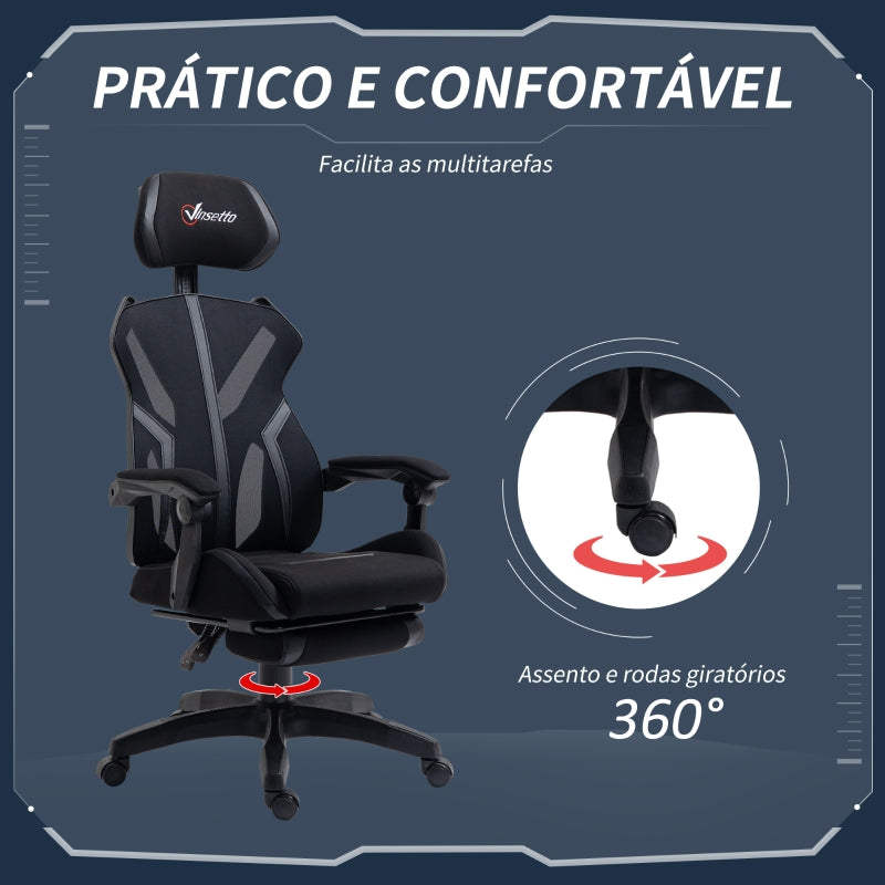 Vinsetto Cadeira de Gaming com Apoio para os Pés Retrátil Cadeira de Escritório Reclinável com Apoio para a Cabeça e Altura Ajustável 65x65x119-129cm Preto