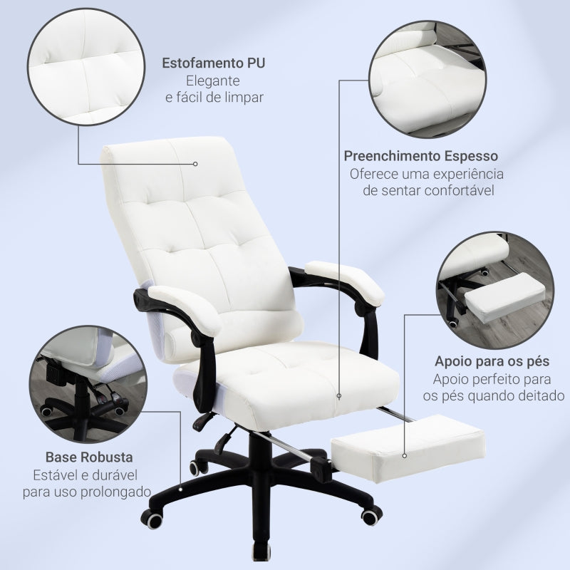 Vinsetto Cadeira de escritório ergonômica giratória com função de inclinação altura ajustável Apoio de braço e apoio para os pés em couro sintético 65x65x118-125 cm Branco