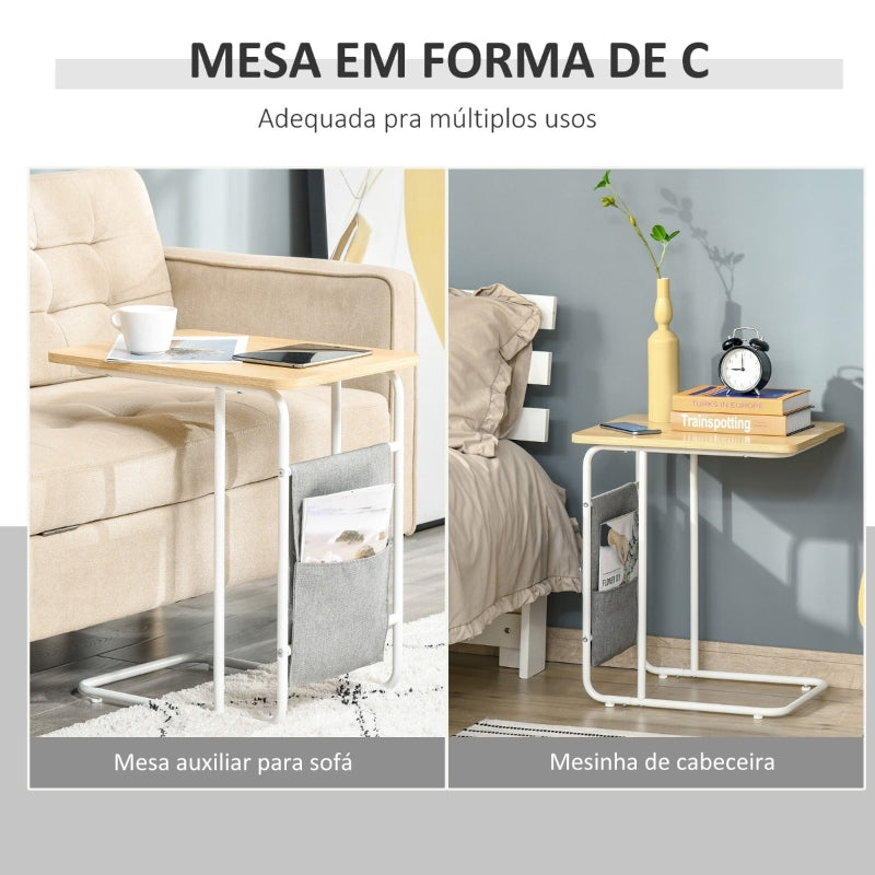 HOMCOM Mesa Auxiliar de Sofá em Forma de C com Bolsa de Armazenamento Removível Mesa Lateral para Sala de Estar Dormitório Escritório 37x48x55,8cm Carvalho e Branco