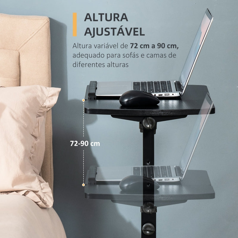 HOMCOM Mesa Auxiliar com Rodas Mesa Lateral para Sofá ou Cama com Altura e Ângulo da Bancada Ajustável e Freios para Dormitório Sala de Estar Escritório 58x34x72-90cm Preto