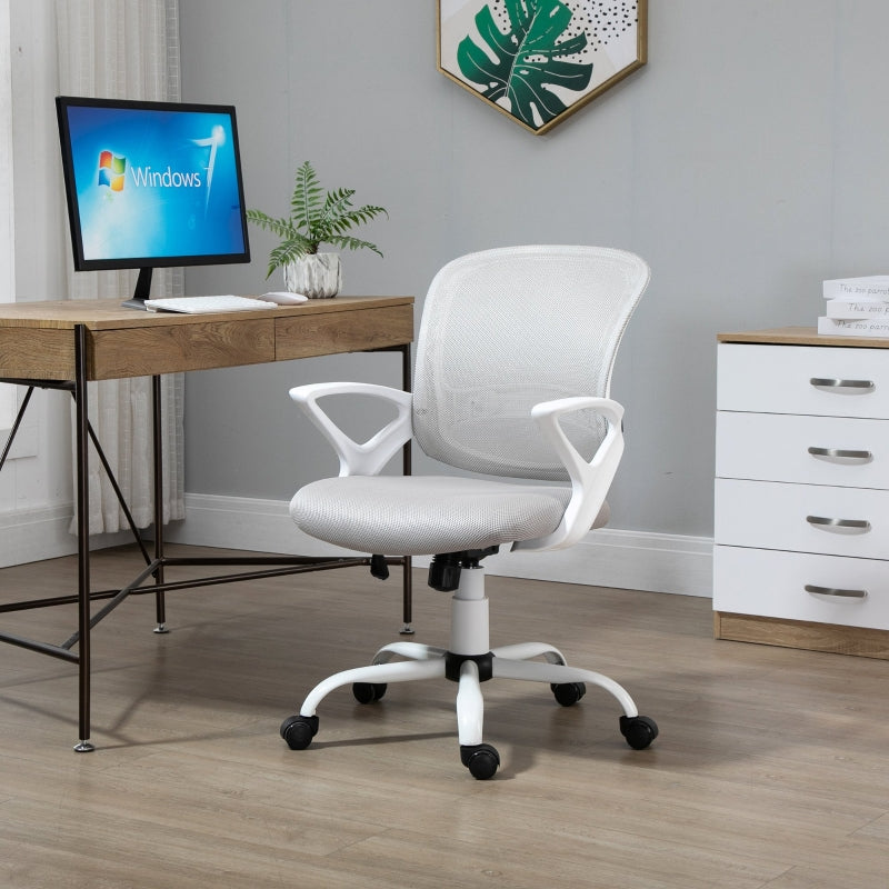 Vinsetto Cadeira de Oficina Ergonômica Basculante com Altura Ajustável Assento Giratório 360° Suporte Lombar e Malha Transpirável 61x61x89-99cm Cinza e Branco