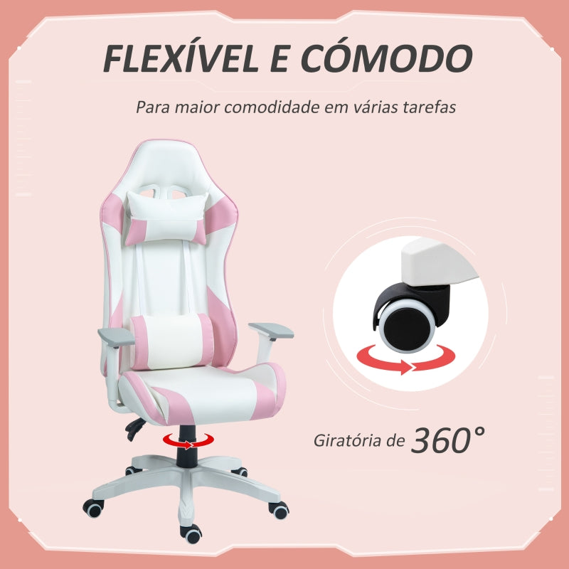 HOMCOM Cadeira Gaming Reclinável com Almofada Lombar Apoio de Cabeça Basculante e Altura Ajustável 67x60x120-128 cm Branco e Rosa