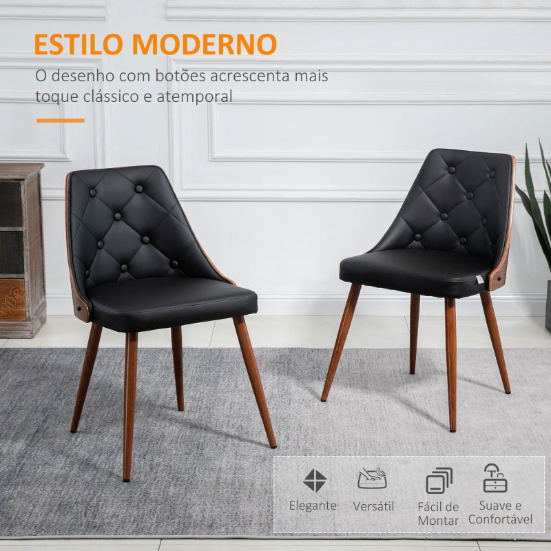 HOMCOM Conjunto de 2 Cadeiras de Sala de Jantar com Assento Estofado em PU e Pés de Madeira 50,5x59x82cm Preto e Nogueira