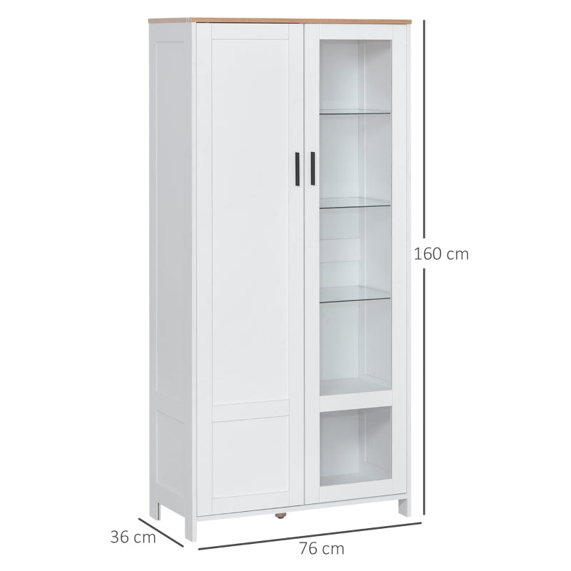 HOMCOM Armário de Cozinha com Porta de Vidro Prateleiras Ajustáveis e Pés Elevados 76x36x160 cm Branco