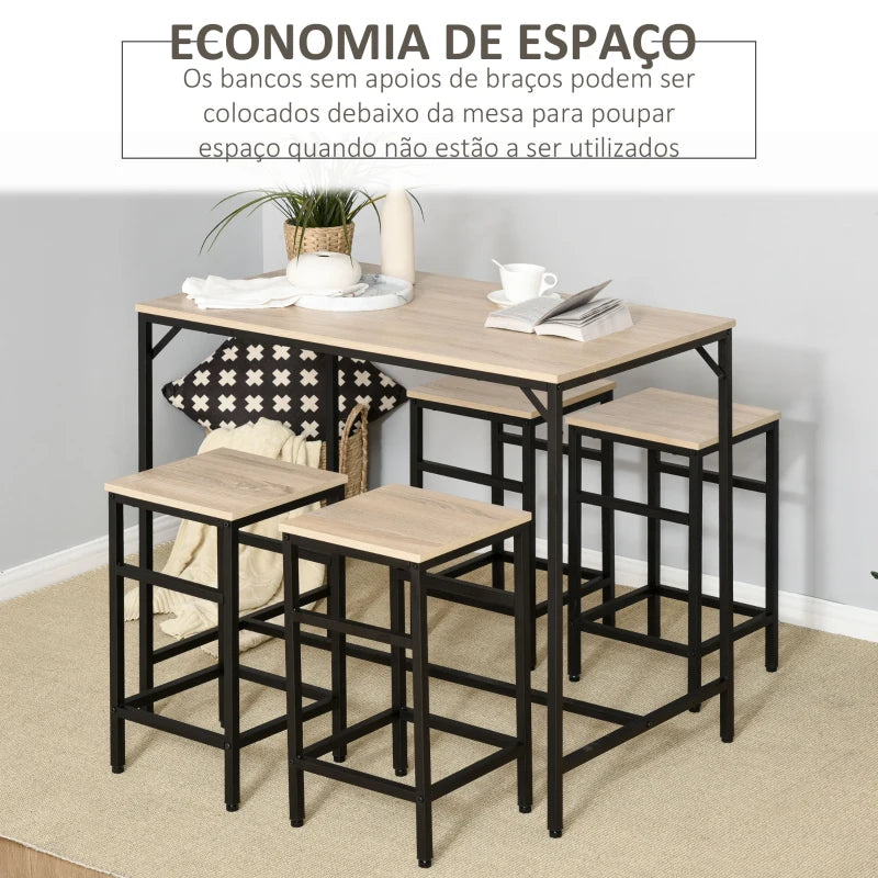 HOMCOM Conjunto de Mesa de Bar com 4 Bancos com Apoio para os Pés Conjunto de Móveis de 5 Peças Mesa de 100x60x88cm e Bancos de 32x32x57cm para Sala de Jantar Cozinha Preto e Carvalho