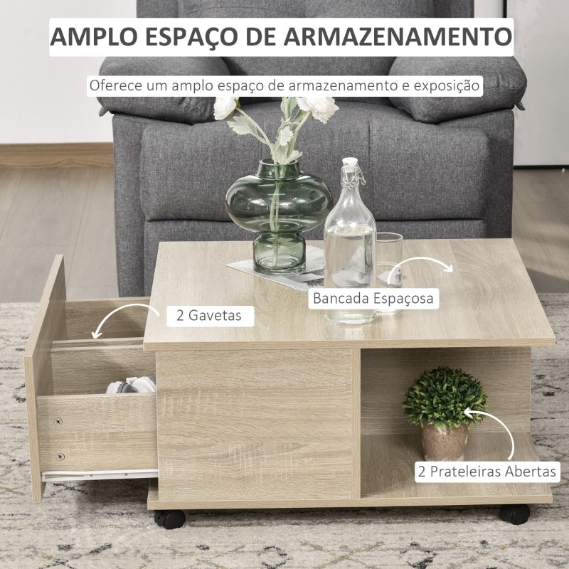 HOMCOM Mesa de Centro para Sala de Estar Mesa de Centro com Rodas 2 Prateleiras Abertas e 2 Gavetas 70x70x35cm Natural