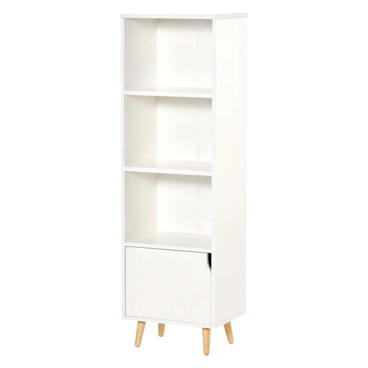 HOMCOM Estante com 3 Prateleiras Abertas e 1 Fechada com Porta Estante de Estilo Moderno para Armazenamento de Livros Brinquedos Plantas 40x30x129,5cm Branco