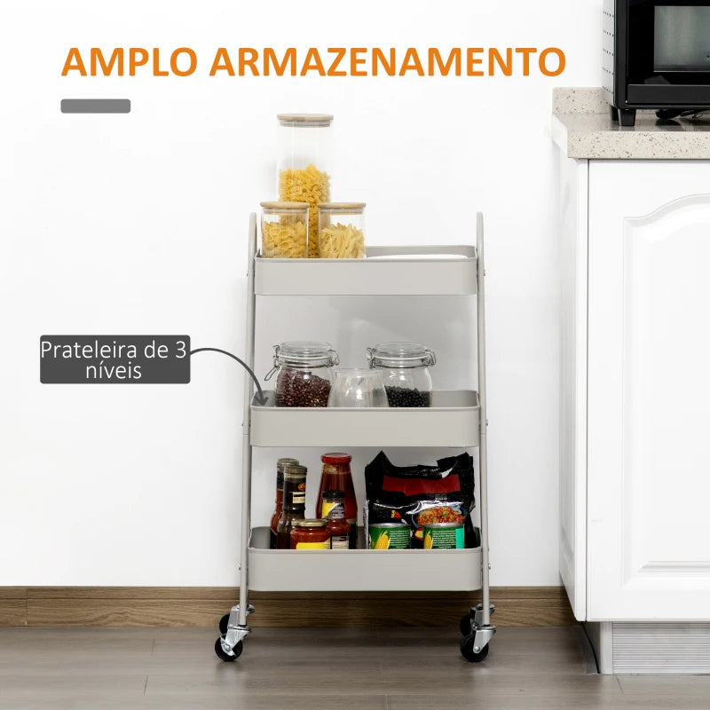 HOMCOM Carrinho de Cozinha com Rodas Carrinho de Armazenamento de 3 Níveis e Rodas com Freios para Casa de Banho Dormitório Escritório 45x31x79,4cm Cinza