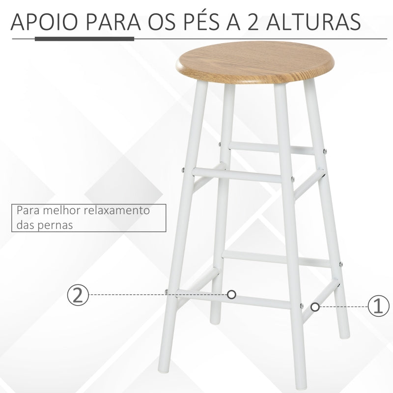 HOMCOM Conjunto de Móvel Bar com Mesa Alta e 2 Bancos com Prateleira de Armazenamento e Estrutura de Metal 80x50x90cm Branco e Madeira