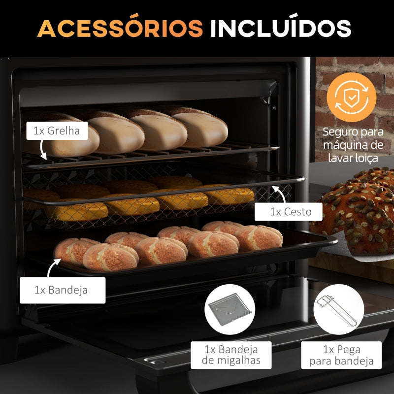 HOMCOM Mini Forno Elétrico Multifuncional de 13L 1200W com 12 Modos Temporizador e Temperatura Ajustável 33,5x32x32,5 cm Branco