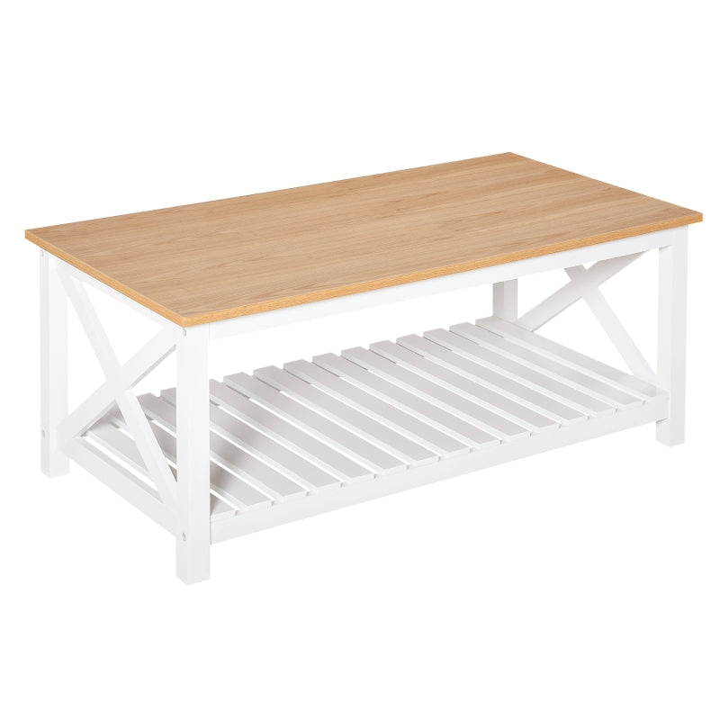 HOMCOM Mesa de Centro para Sala de Estar Mesa de Café com Prateleira de Armazenamento Inferior 116x60x48cm Madeira Natural e Branco