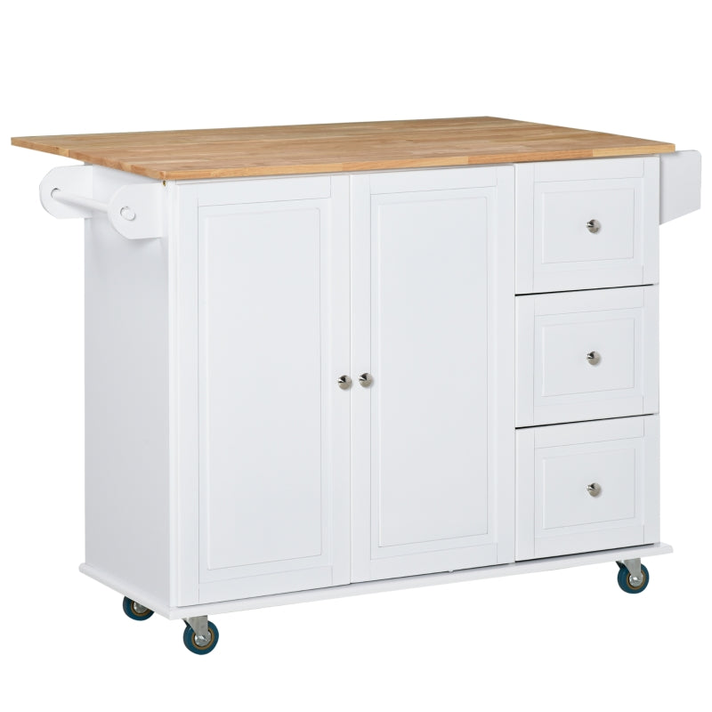 HOMCOM Ilha de Cozinha com Rodas ilha de Cozinha com Bancada Rebatível 3 Gavetas 1 Armário com Prateleira Interior Ajustável e Suporte para Temperos 128,8x75,5x92,5cm Branco e Natural