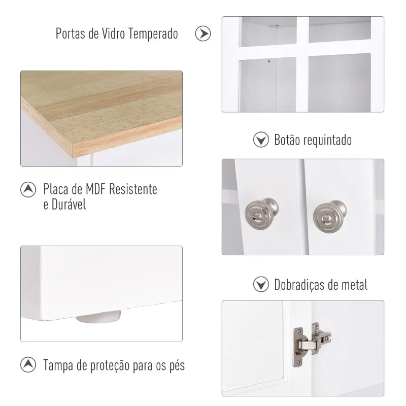 HOMCOM Armário de Cozinha com Prateleiras e Portas de Vidro para Pequenos Eletrodomésticos e Louças 80x37x183cm Branco