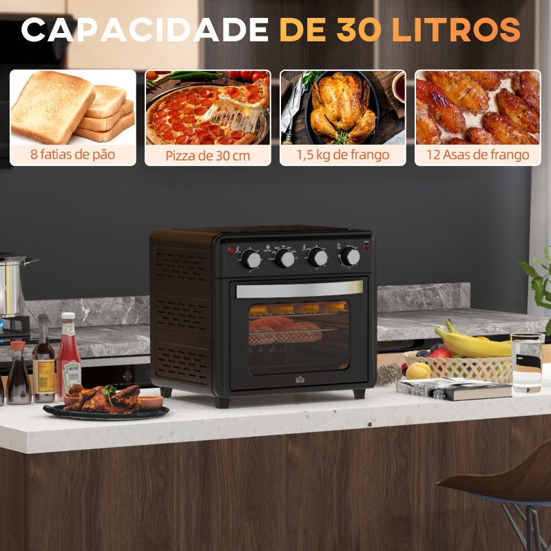 HOMCOM Mini Forno Elétrico 30L 1600W Mini Forno de Convecção com 7 Modos Temporizador e Temperatura Ajustável 43x39x39 cm Preto