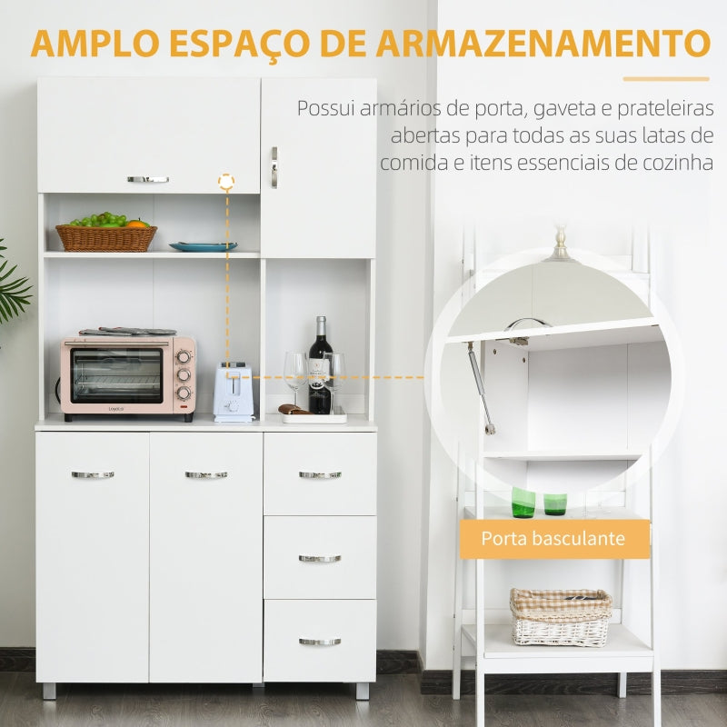 HOMCOM Armário de Cozinha Armário Alto com 3 Gavetas 4 Portas Prateleiras Interiores Ajustáveis e Pés Elevados Móvel Auxiliar para Sala de Jantar Sala de Estar 100x39,x183,5cm Branco