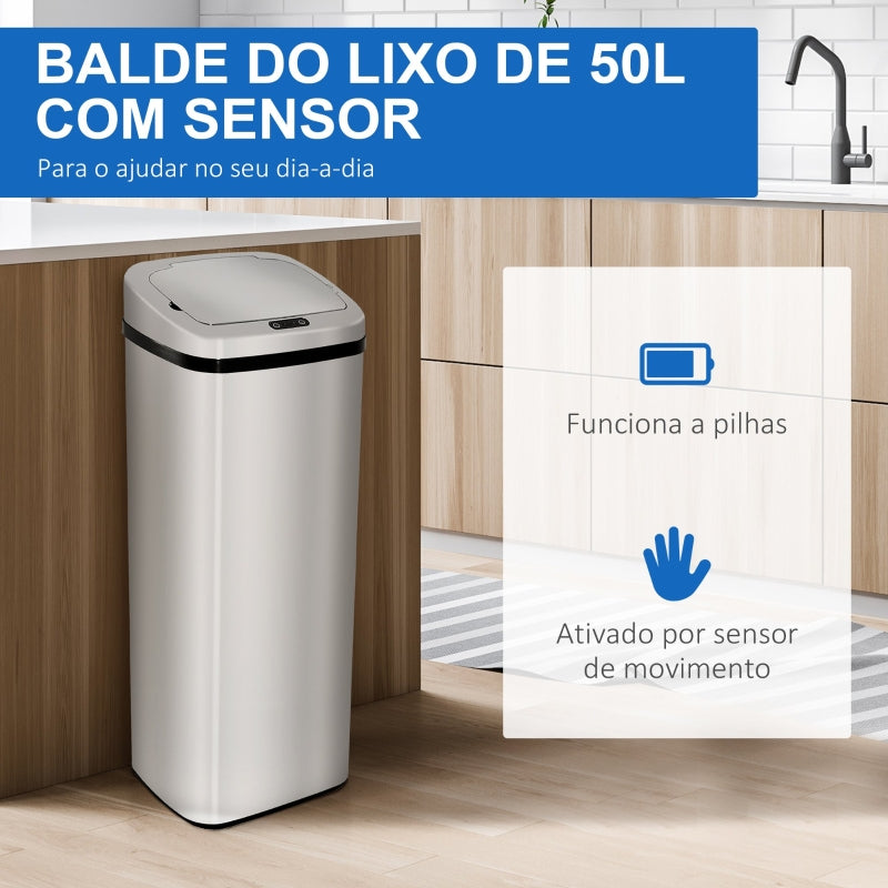 HOMCOM Balde de Lixo Inteligente 50L com Sensor Infravermelho Botão Tátil Balde de Lixo com Abertura Automática 33x25x84 cm Prata