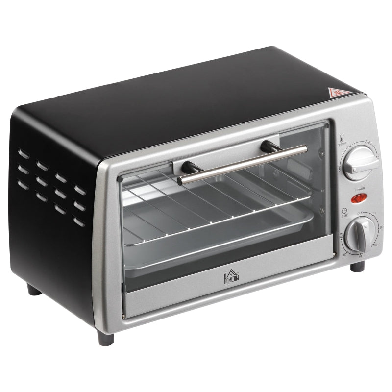 HOMCOM Mini Forno Elétrico de 10 Litros 750W com Temperatura até 230 °C Temporizador 60 Minutos Bandeja e Grade 36,5x26x22cm Preto e Prata