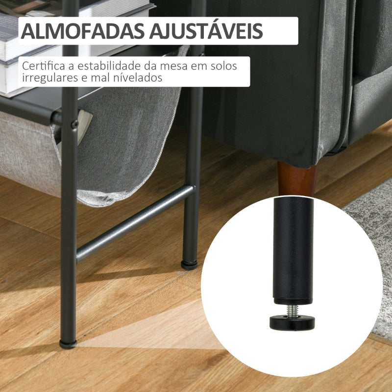 HOMCOM Mesa de Apoio com Bolso de Lona e Prateleira Removível Bancada Imitação Mármore 60x28x53cm Branco Cinza e Preto