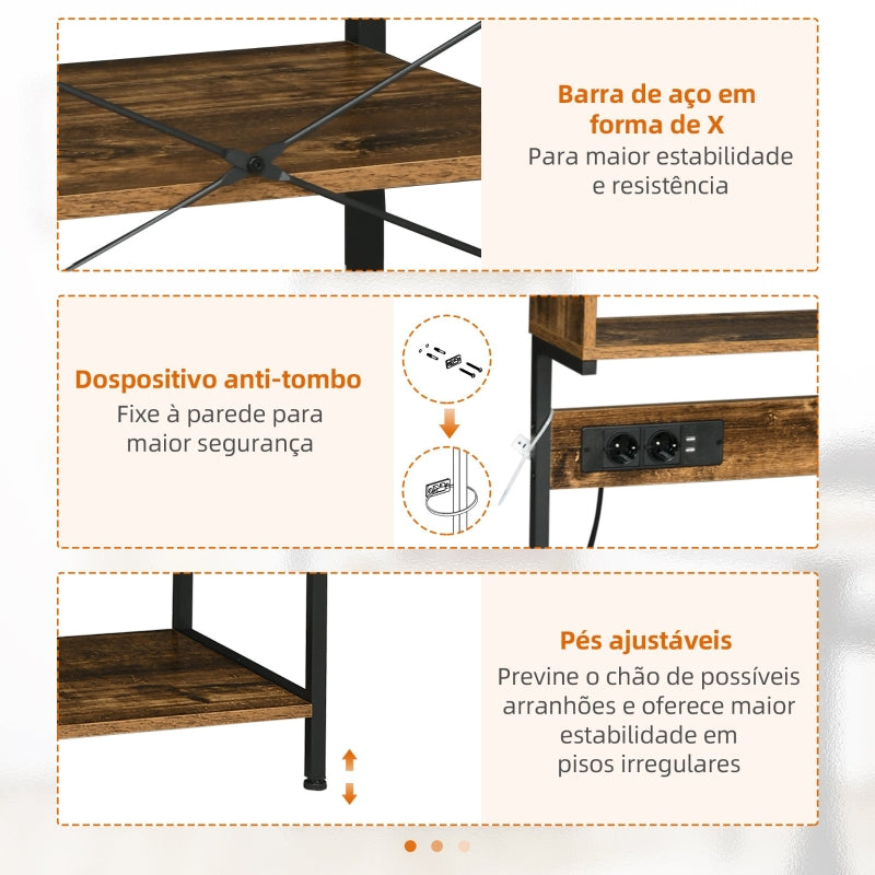 HOMCOM Estante de Cozinha Móvel Auxiliar de Cozinha com Ficha 2 Carregadores USB Ganchos e Prateleira Ajustável 60x42x153 cm Marrom Rústico