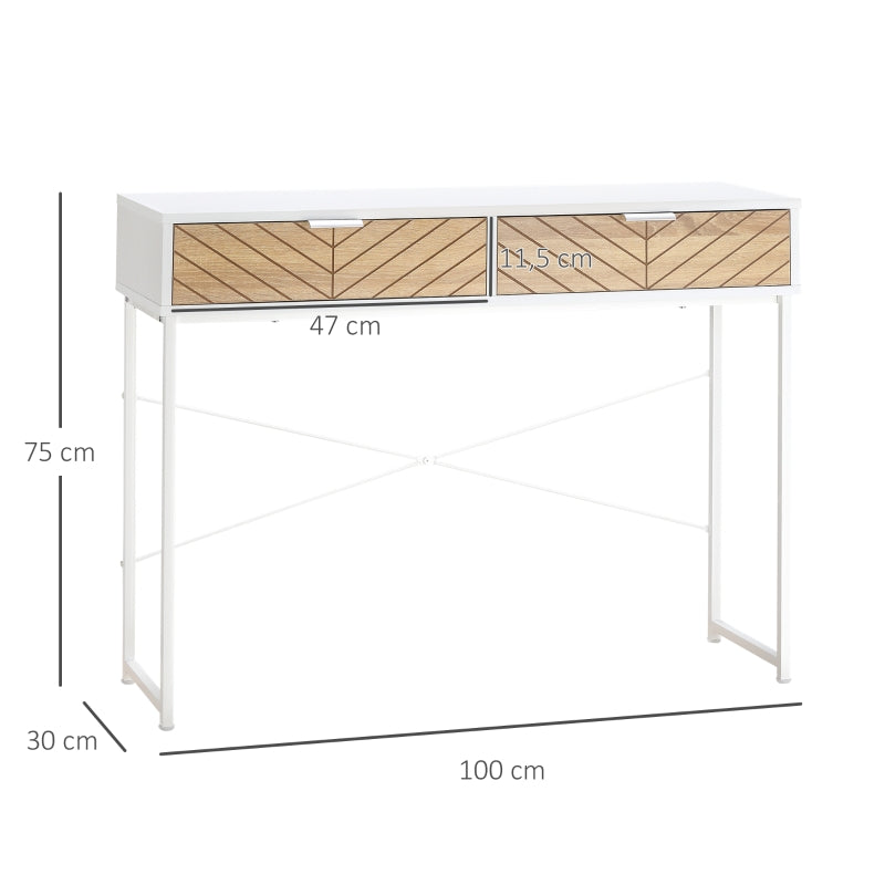 HOMCOM Mesa Consola 100x30x75cm Mesa de Entrada Moderno com 2 Gavetas de Armazenamento e Estrutura de Metal para Corredor Sala de Estar Branco