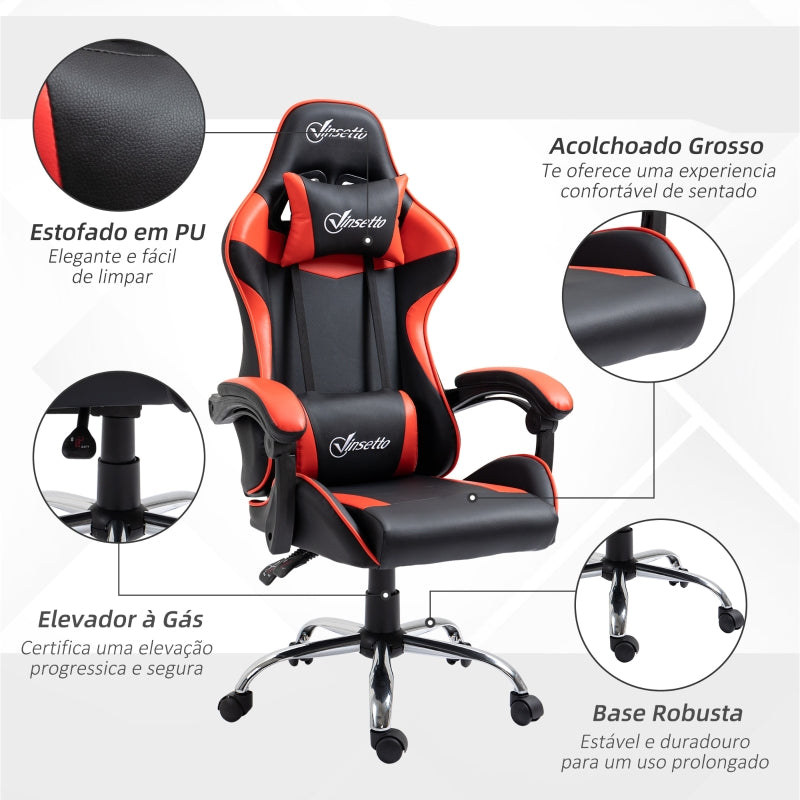 Vinsetto Cadeira Gaming Ergonômica Cadeira para Videojogos Reclinável com Altura Regulável Apoio para a Cabeça e Almofada Lombar 63x67x119-127cm Vermelho e Preto