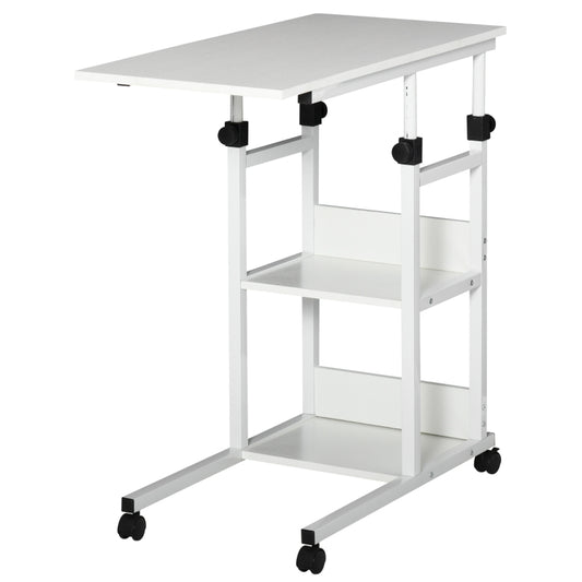 HOMCOM Mesa Lateral para Sofá Mesa lateral em Forma de C com 4 rodas Giratórias Freios Altura Ajustável 3 níveis Estrutura Metálica 80x40x72-82cm Branco