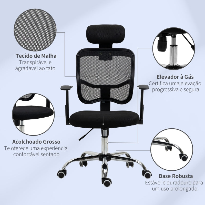 Vinsetto Cadeira de Escritório Giratória Ergonômica com Altura Ajustável Função de Inclinação Apoio para a Cabeça e Suporte Lombar 63x62x109-117cm Preto