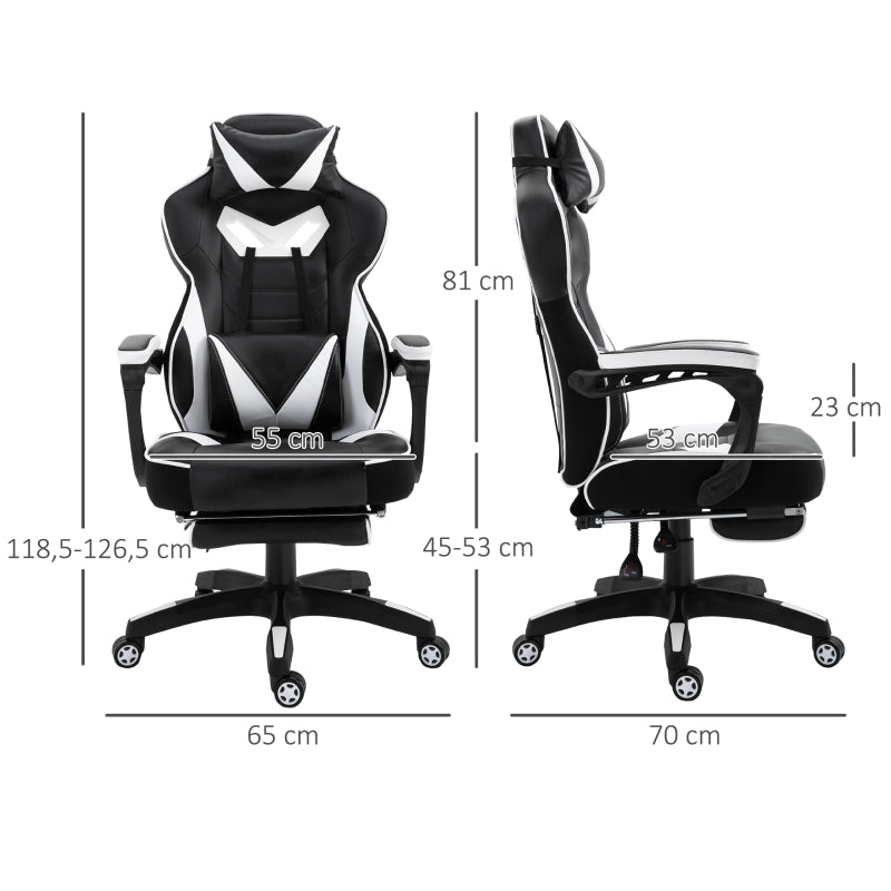 Vinsetto Cadeira de escritorio gaming ergonômica Altura ajustável Reclinável Encosto com apoio para pés 65x70x118,5-128,5 cm Branco e Preto