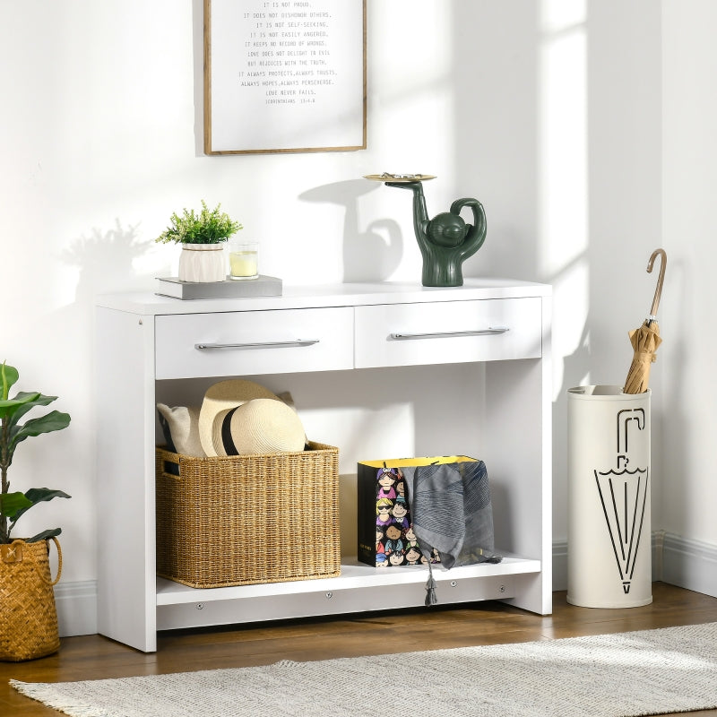 HOMCOM Mesa Consola com 2 Gavetas Prateleira de Armazenamento Móvel de Entrada Estilo Moderno Carga 50kg 101,6x28x76,2cm Branco