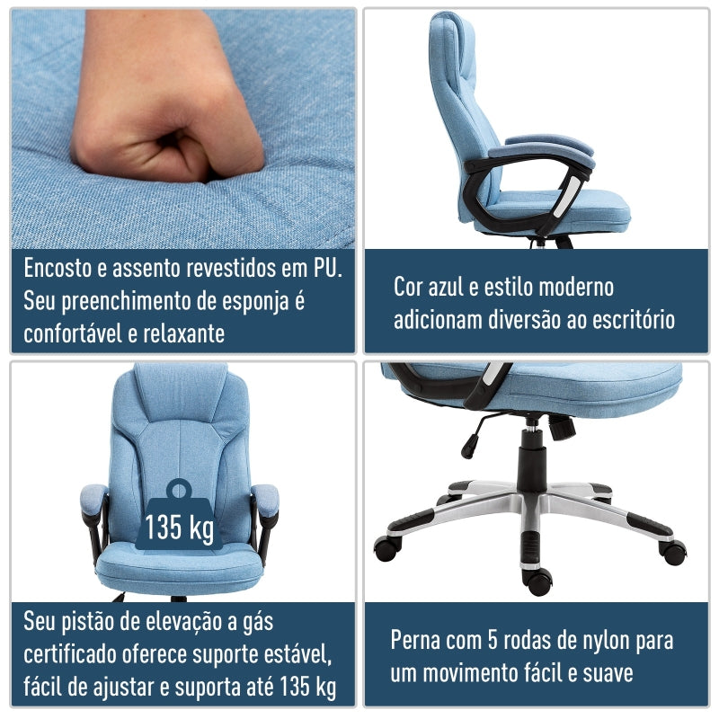 Vinsetto Cadeira de Escritório Giratória Cadeira de Escritório Ergonômica com Altura Ajustável Apoio para os Braços e Encosto Acolchoado de Linho Sintético 66x75x110-120cm Azul Claro