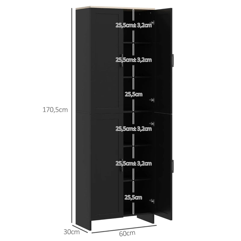 HOMCOM Armário de Cozinha com 4 Portas e Prateleiras Ajustáveis Anti-Tombo 60x30x170,5 cm Preto